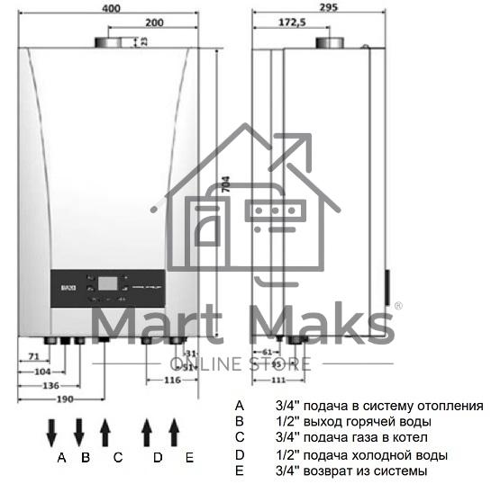 Котёл газовый настенный Baxi ECO NOVA 24F, мощность, кВт-9,6-24, двухконтурный, камера сгорания-закрытая, белый