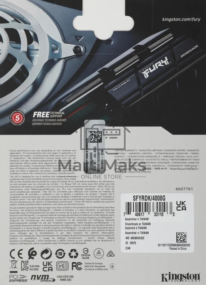 Накопитель SSD Kingston Fury Renegade, 4Tb, PCIe 4.0 x4, M.2 2280, NVMe, R/W 7300/7000, с радиатором
