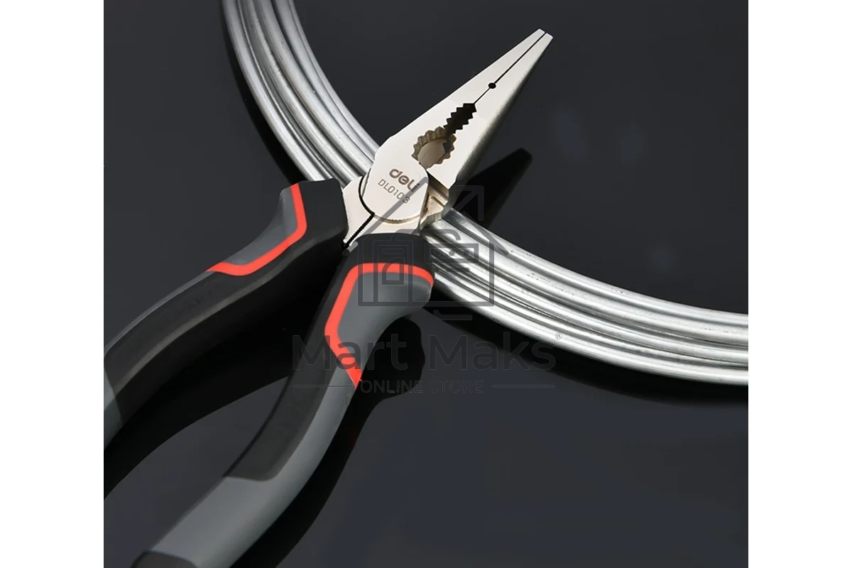 Удлиненные плоскогубцы Deli DL0103 160 мм, Cr-V, эксцентриковый шарнир, антикоррозийное покрытие, трехкомпонентная прорезиненная рукоять