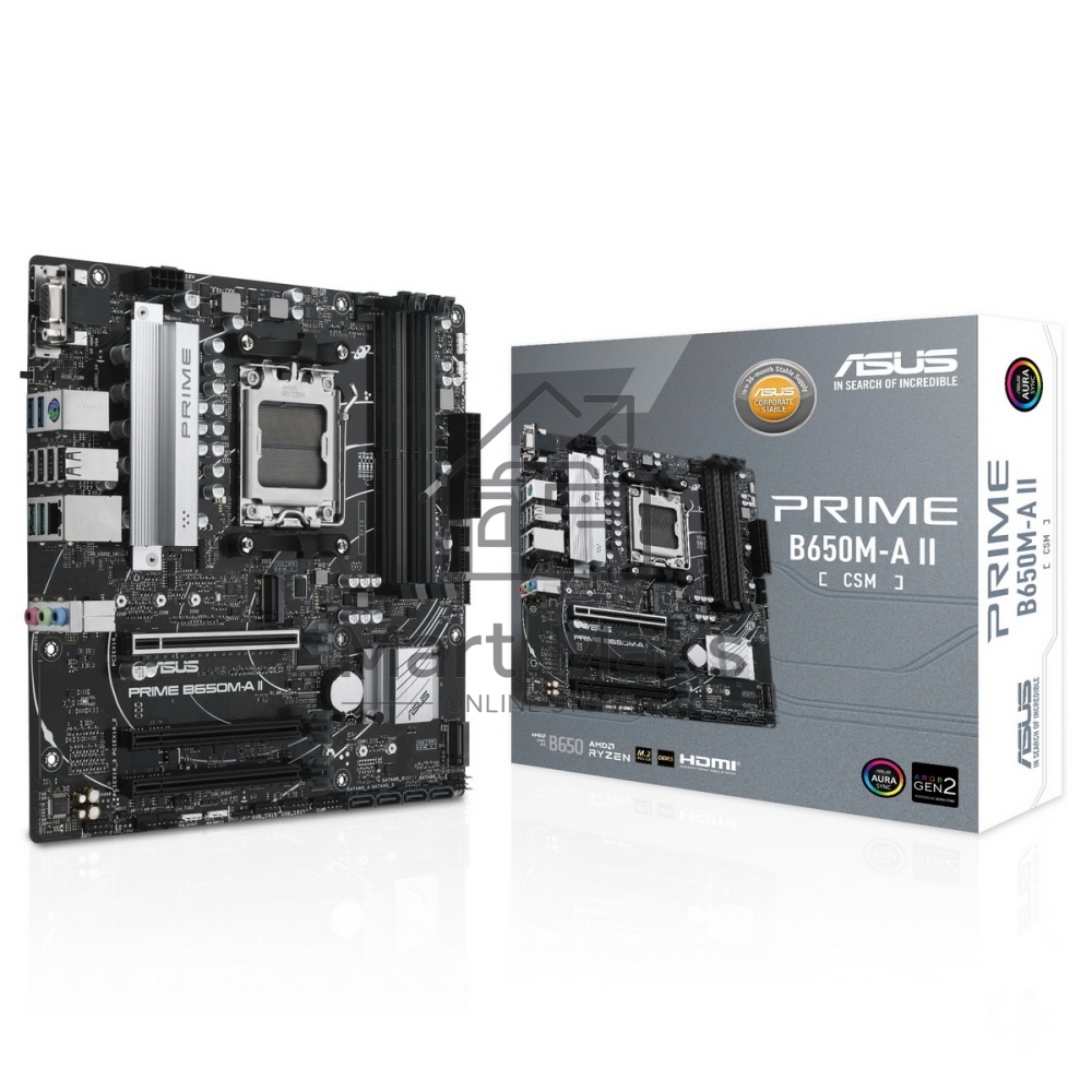 Материнская плата ASUS PRIME B650M-A II-CSM, AM5, AMD B650, 4xDDR5, 4xSATA, 2xM.2, 1xPCI-E 4.0 x16, 1x 2.5Gb LAN, 2xUSB-A 3.2 Gen 1, 2xUSB-A 3.2 Gen 2, 4xUSB 2.0, 1xDisplayPort, 1xHDMI, 1xVGA, 3x3.5 мм, 7.1, Micro-ATX