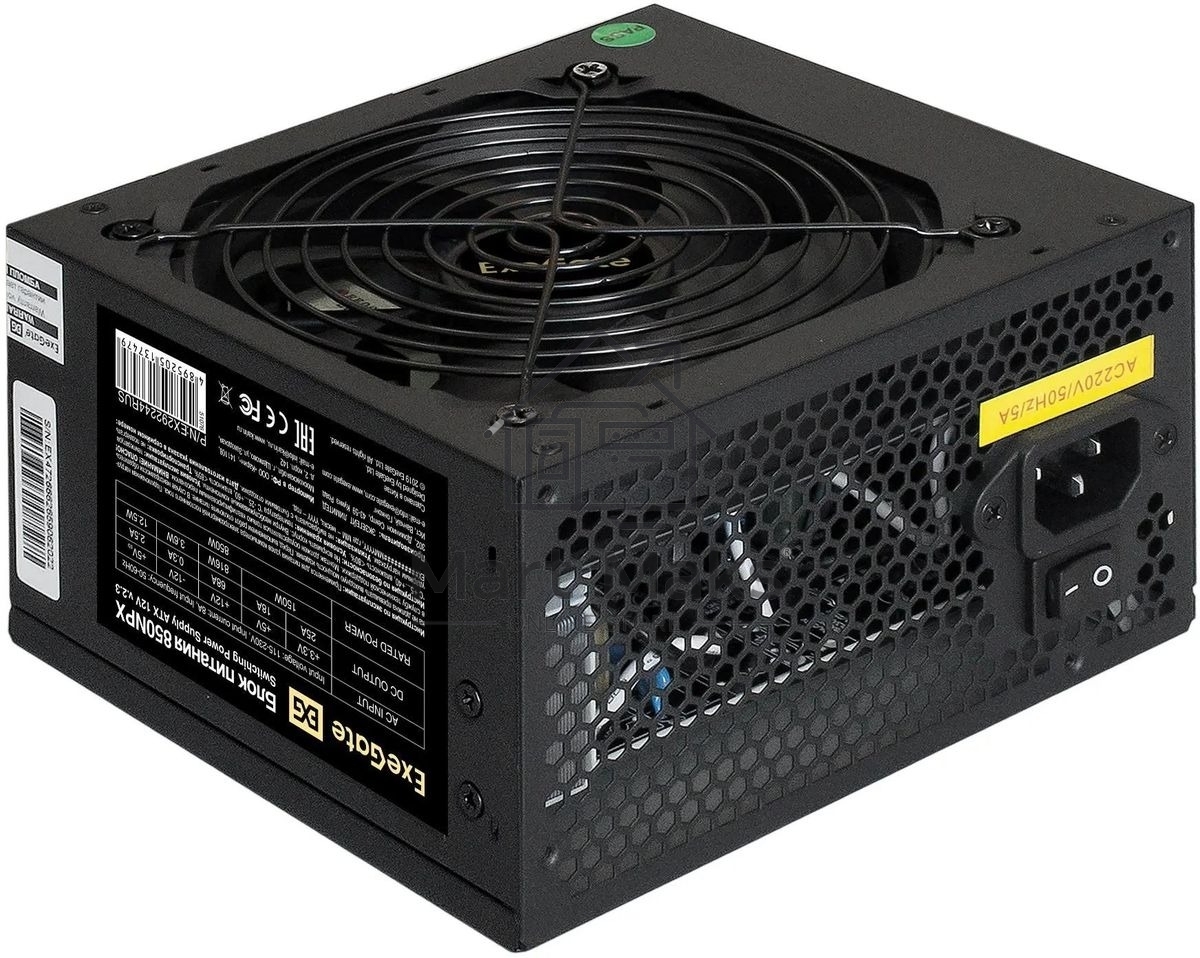 Блок питания ExeGate 850NPX (EX292244RUS-PC), 850W, (ATX, PC, 12cm fan, 24pin, 2x(4+4)pin, 2xPCI-E, 5xSATA, 3xIDE, black, кабель 220V в комплекте 1,8м)