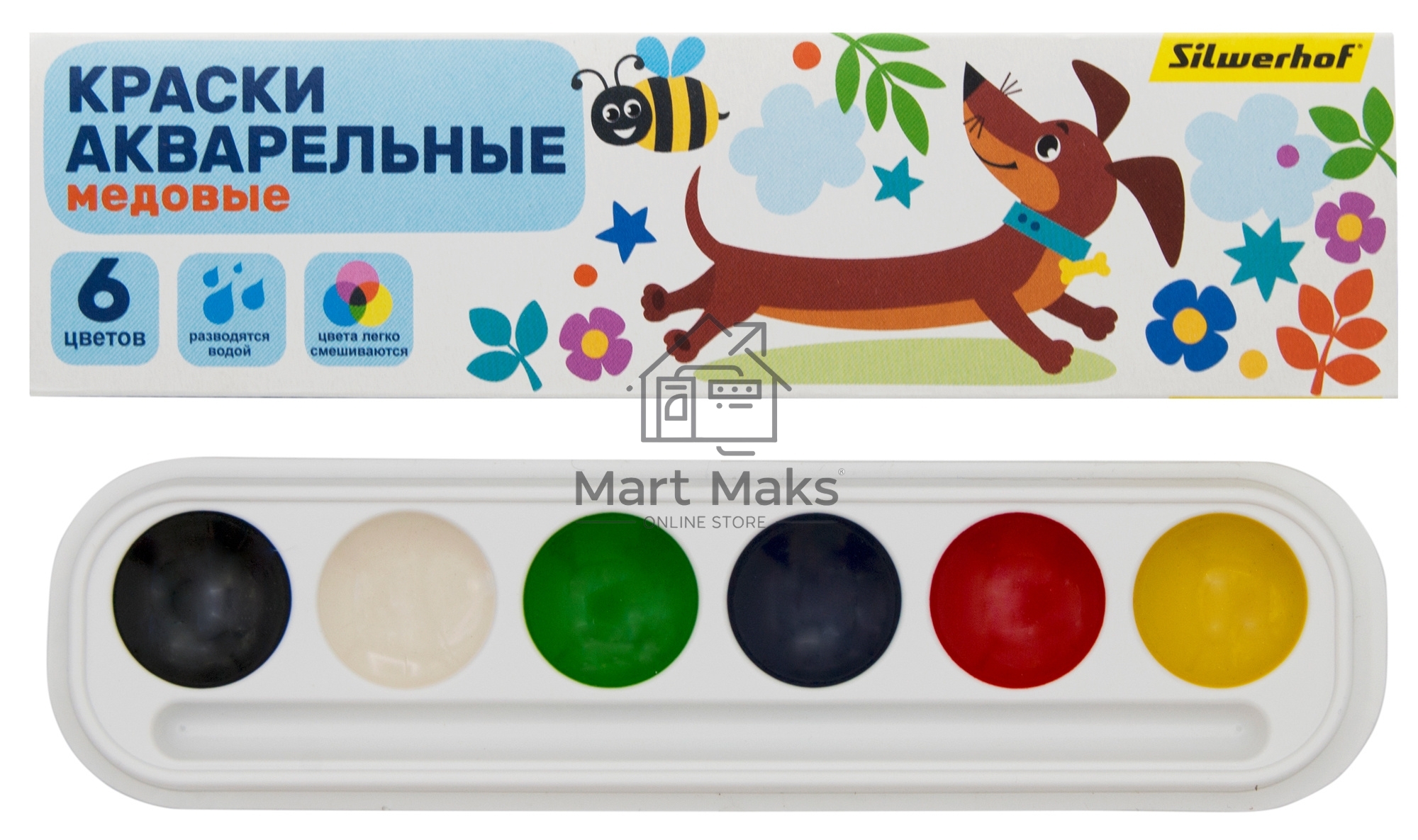 Краски акварельные Silwerhof 961139-06 Веселые друзья, медовые, 6 цветов, без кисти, картонная коробка