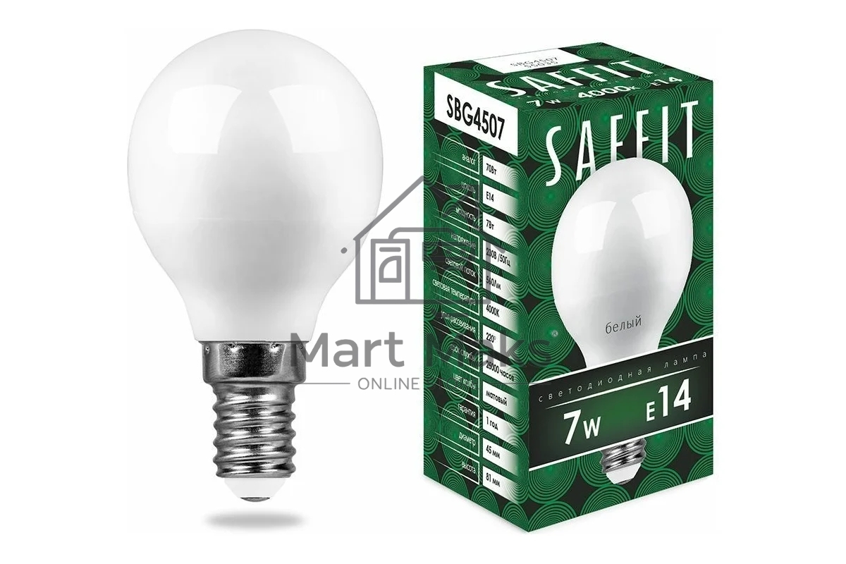 Лампа светодиодная SAFFIT SBG4507 (55035) 7 вт Е14 белый матовый шар