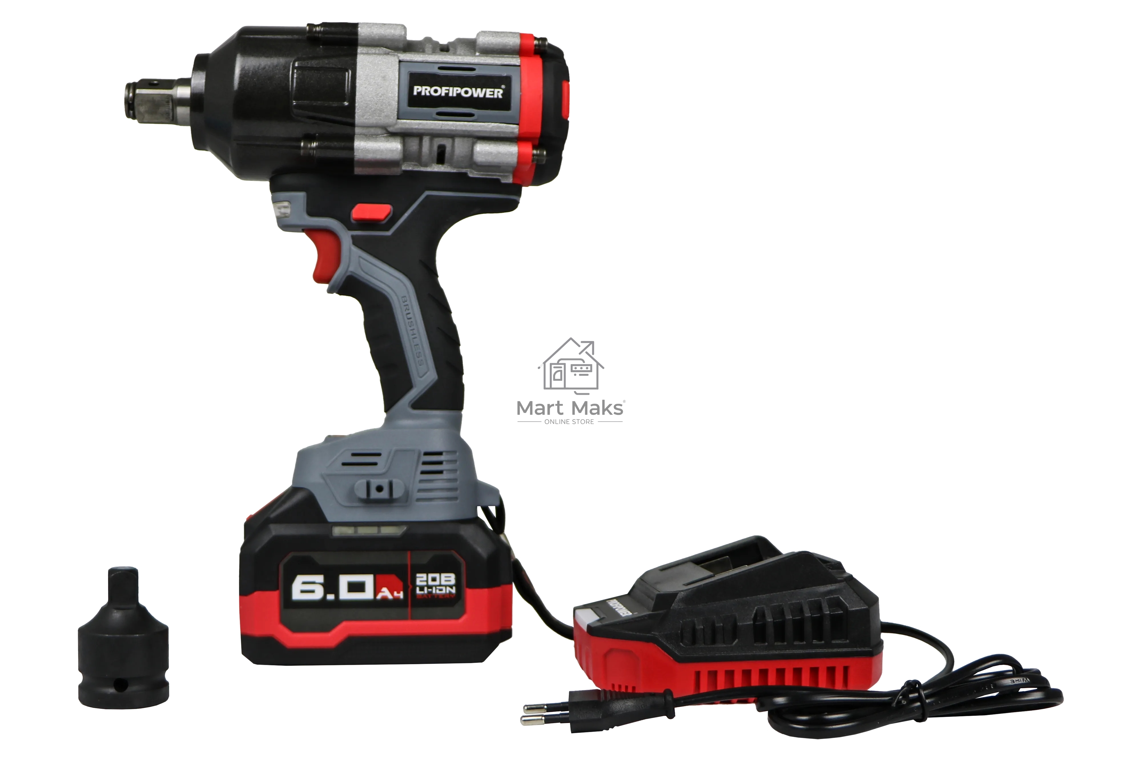 Аккумуляторный бесщеточный ударный гайковерт ProfiPower T-1200N (18В,Li-ion-1шт, 6.0А·ч, 1200Нм, переходник 3/4