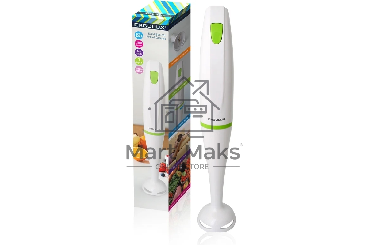 Блендер погружной Ergolux ELX-HB01-C34 (13124) 1 скорость 250 Вт, 220-240В пласт. бело-салатовый