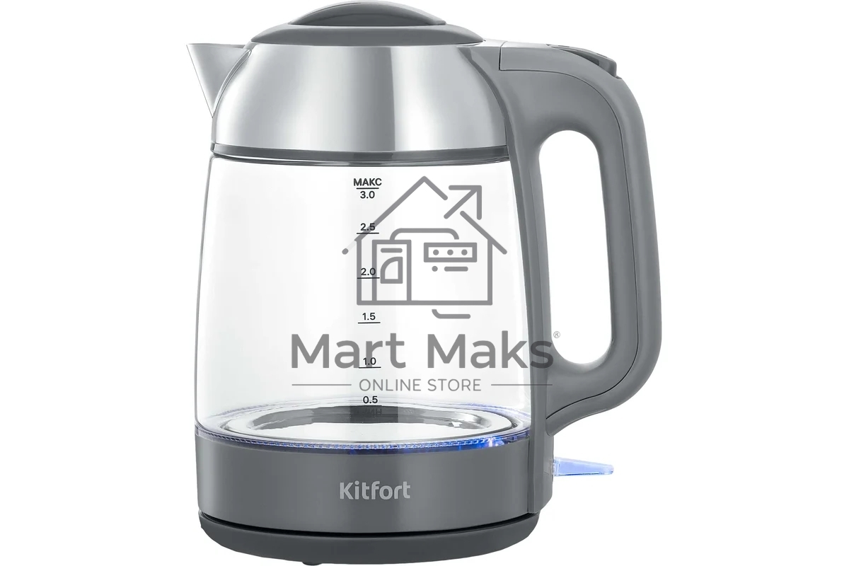 Чайник электрический Kitfort КТ-6762 3 л, 2000 Вт, серый/серебристый корпус: стекло/металл/пластик