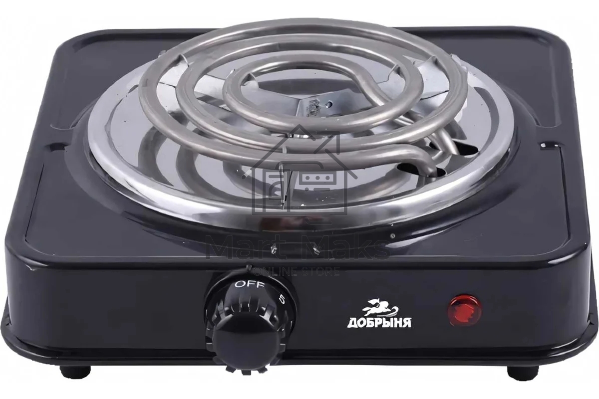 Плита настольная (1 конф) Добрыня DO-2205B черный (1000Вт) спираль x12, 1000 ВтНапряжение 220 В, 50 Гц5 режимов нагреваДиаметр конфорки: 15 смЗащита от перегреваСветовой индикатор работыРезиновые ножки
