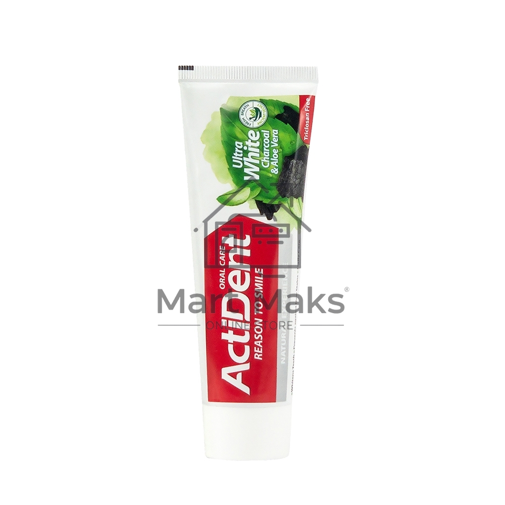 Зубная паста Active ACTIDENT отбеливающая Уголь и Алоэ вера Ultra White, без парабенов 100 г (512901006)