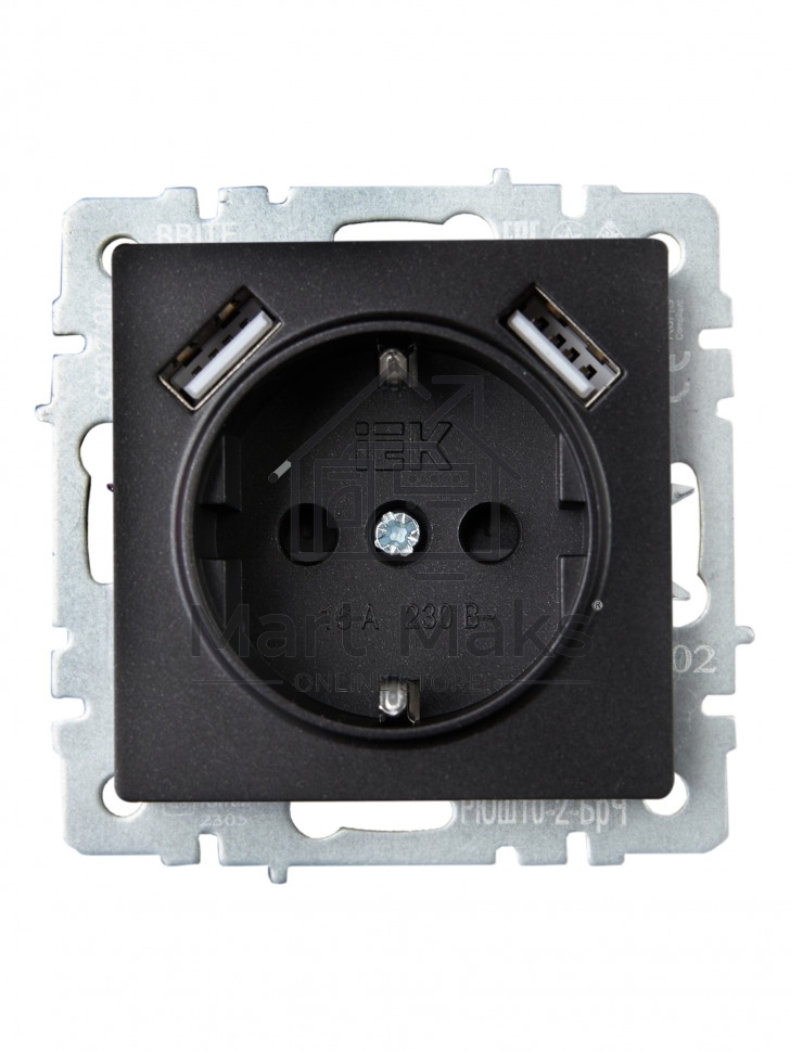 Розетка 1-местная IEK BRITE РЮш10-2-БрЧ (BR-R14-16-U21-D31-K02) с заземлением, с защитными шторками, 16А, с USB A+A 5В 3,1А, черный