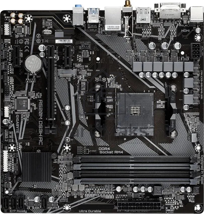 Материнская плата Gigabyte A520M DS3H AC, AM4, AMD A520, 4xDDR4, 4xSATA, 1xM.2, 1xPCIe 3.0 x16, 2xPCIe x1, 1xHDMI, 1xDP, 1xDVI-D, 1x 1Gb LAN, Wi-Fi, Bluetooth, 4xUSB-A 3.2 Gen 1, 2xUSB-A 2.0, 3x3.5 мм, 7.1, mATX