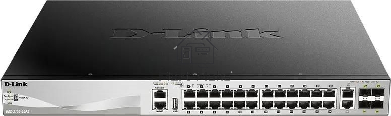 Коммутатор D-Link DGS-3130-30PS/B2A Управляемый L3 стекируемый коммутатор с 24 портами 10/100/1000Base-T, 2 портами 10GBase-T и 4 портами 10GBase-X SFP+ (24 порта PoE 802.3af/at, PoE-бюджет 370 Вт; 740 Вт с DPS-700)