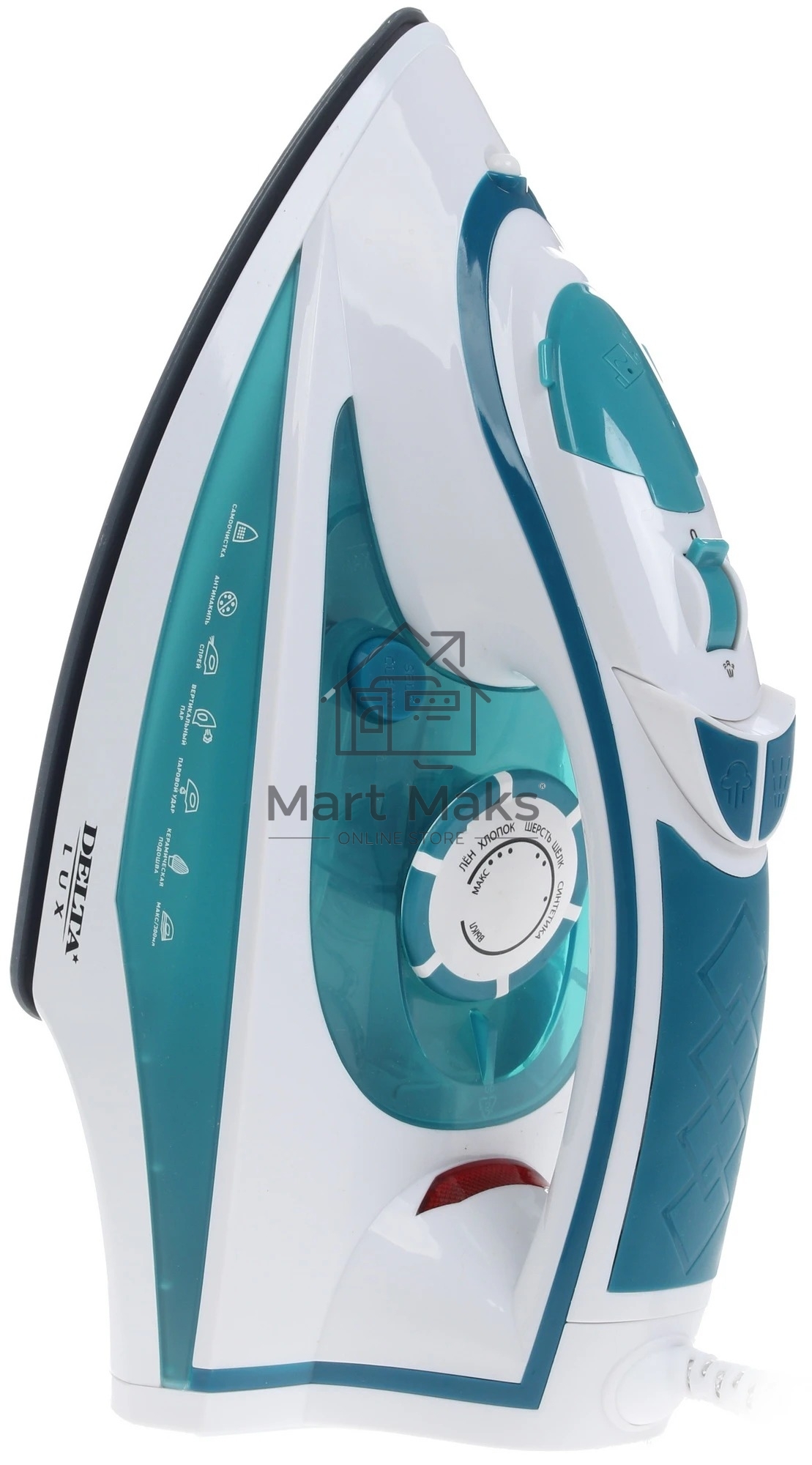 Утюг Delta LUX DL-352 бирюзовый (бирюзовый 2200 Вт, подошва с керамическим покрытием, сухое глажение, разбрызгивание воды, отпаривание, антинакипь, антикапля, паровой удар, самоочистка, вертикальное отпаривание, свет. индикатор,терморегулятор, мерный стак