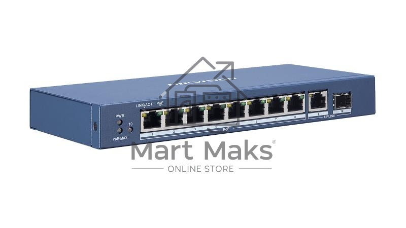 Коммутатор Hikvision DS-3E0510P-E, 8×1 Гбит/с PoE+ + 1×1 Гбит/с + 1×1 Гбит/с SFP, неуправляемый