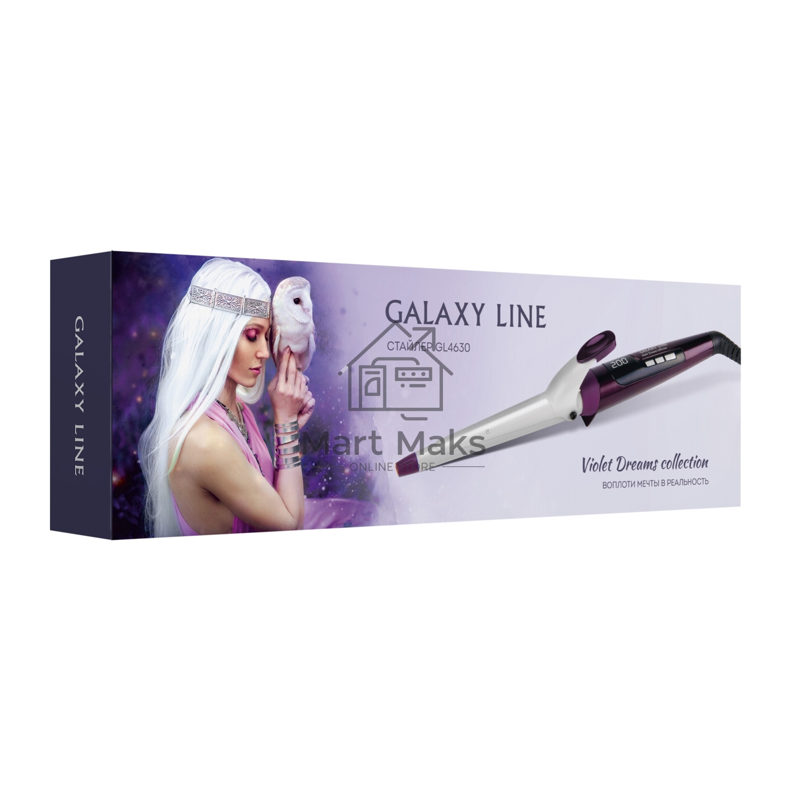 Стайлер Galaxy Line GL 4630, violet dreams, 45 Вт, двойное напряжение 110-240 В ~, керамико-кератиновое покрытие, регулировка температуры от 120 до 200°С, LED-дисплей, диаметр нагревательного элемента 13 мм-25 мм, термоизолированный наконечник