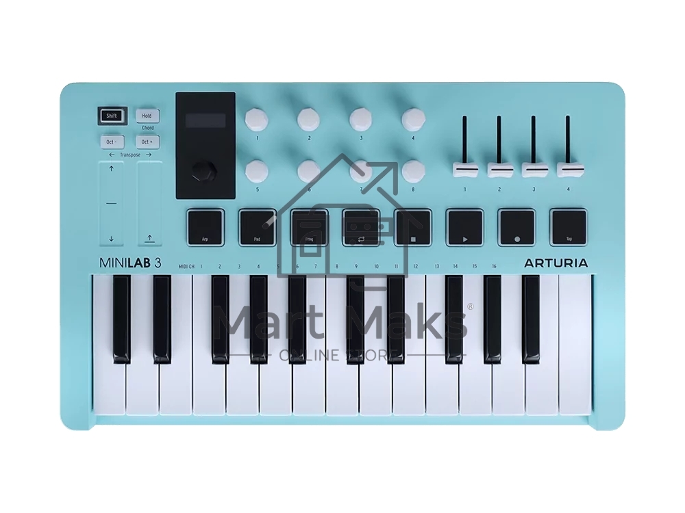 MIDI клавиатура 231599 Arturia MiniLAB 3 Aquamarine 25 клавиш, 8 энкодеров, 8 RGB пэдов, 8 фейдеров, дисплей, сенсорные регуляторы Pitch/Modulation, MIDI-выход, 1/4