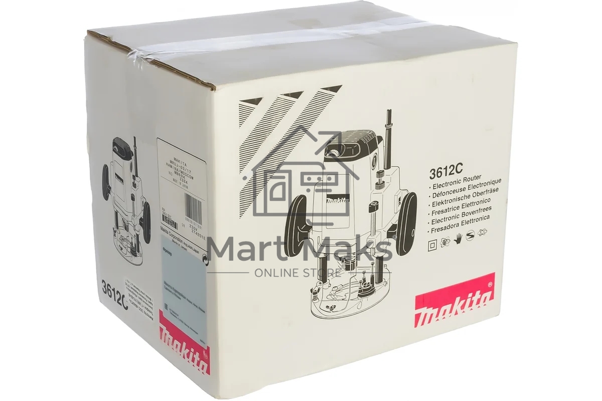 Фрезеры Makita 3612C Фрезер, 1850Вт,9000-23000об\м,ход-60мм,цанга-12мм,6кг,кор,пл пуск, эл тормоз, направл
