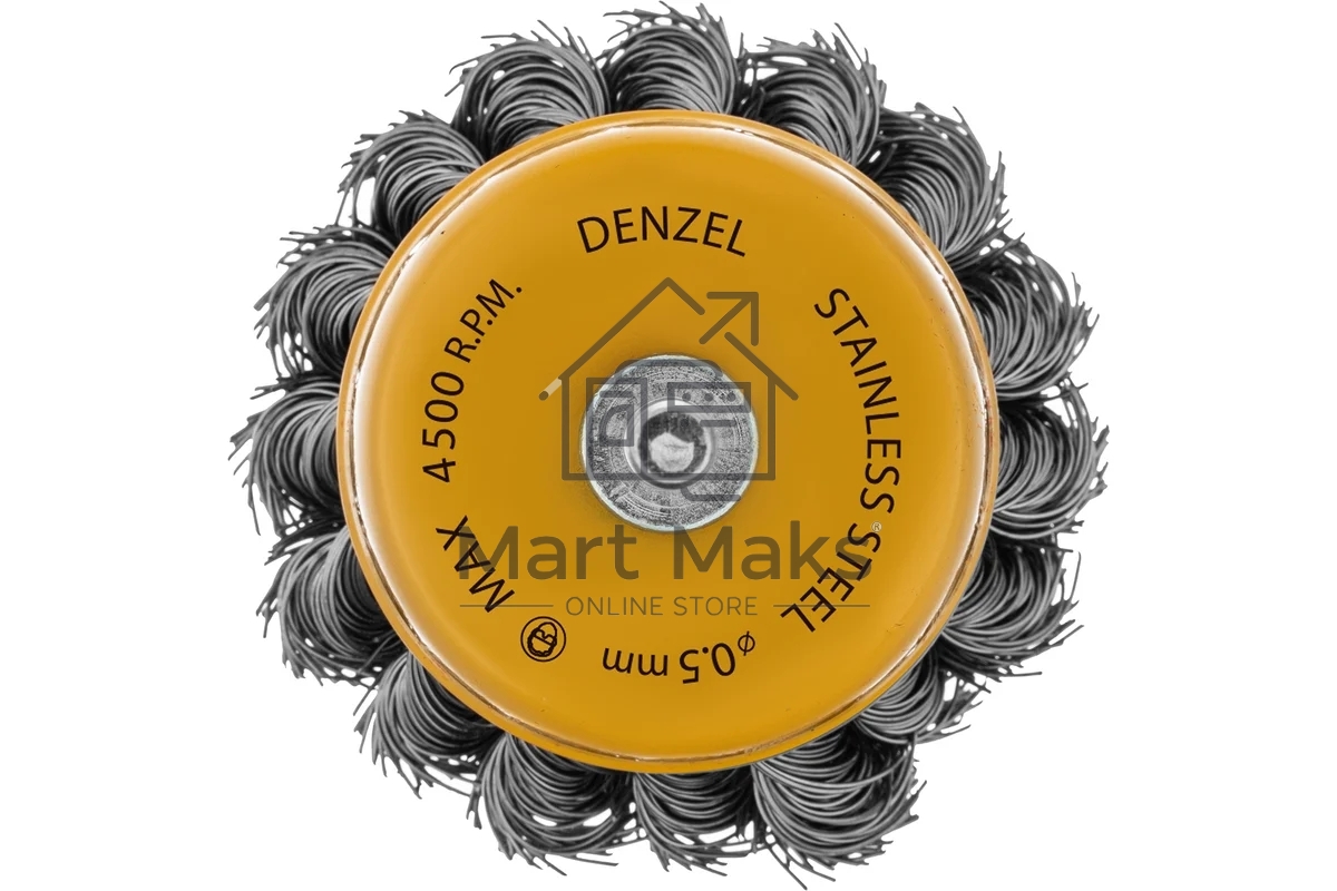 Щетка для дрели Denzel 65 мм, чашка, со шпилькой, нержавеющая крученая проволока