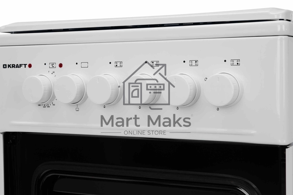 Плита комбинированная Kraft KF-FSK5302EW белый, конфорок 4 газовых, духовка 58 л, 50 см x 85.5 см x 55 см