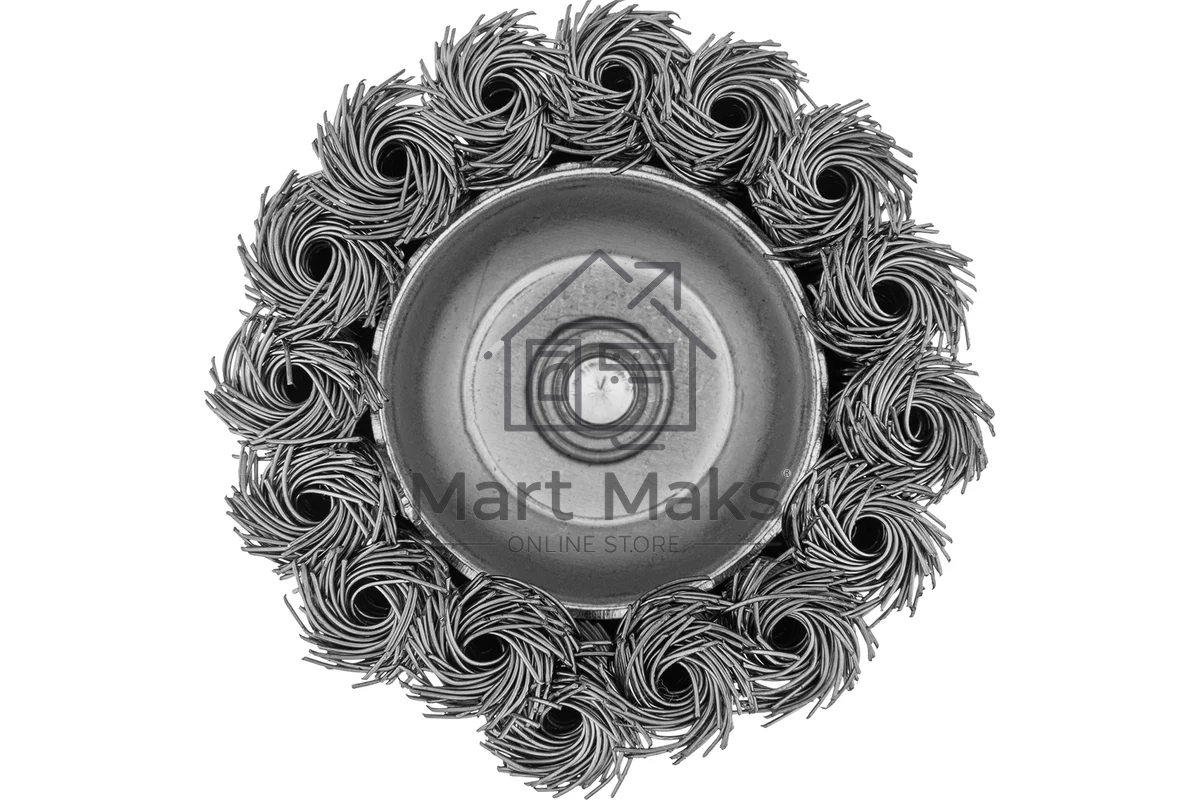 Щетка для дрели Denzel 65 мм, чашка, со шпилькой, нержавеющая крученая проволока