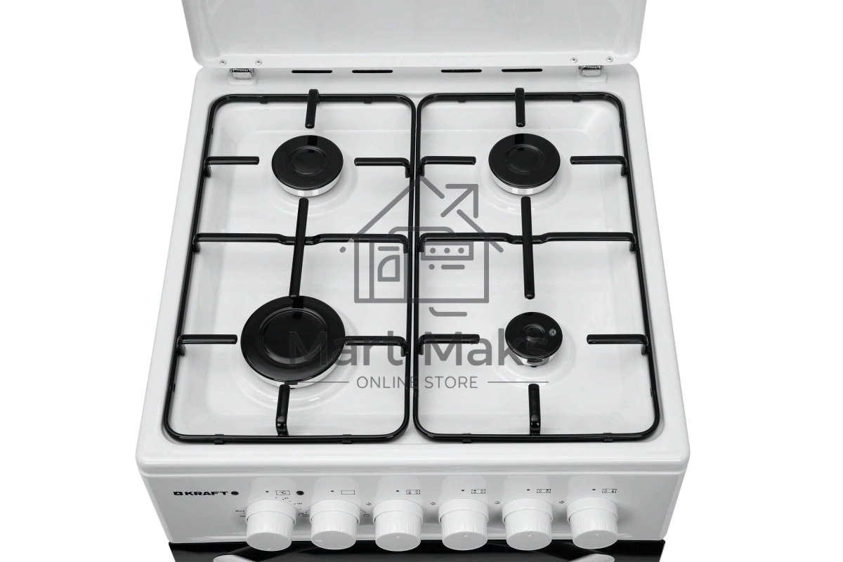 Плита комбинированная Kraft KF-FSK5302EW белый, конфорок 4 газовых, духовка 58 л, 50 см x 85.5 см x 55 см
