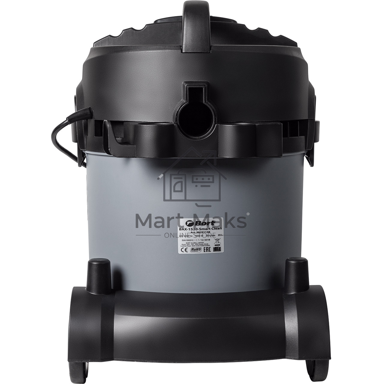 Строительный пылесос Bort BAX-1520-Smart Clean серый, 300/1400 Вт, уборка сухая/влажная, пылесборник бак, 20 л