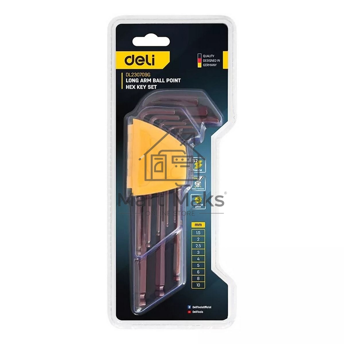 Ключ Deli Набор шестигранных ключей с шаром удлиненных Deli DL230709G 9 шт S2, размеры 1,5,2,2,5,3,4,5,6,8,10мм, пластиковый держатель