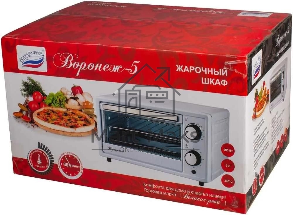 Мини-печь Великие Реки Воронеж-5, 900 Вт, 9 литров, таймер на 60 минут, функции духовки, гриля, тостера, быстрый нагрев, компактный размер