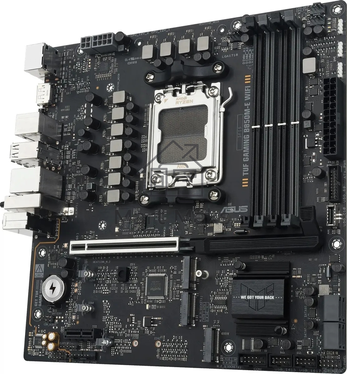 Материнская плата ASUS TUF GAMING B850M-E WIFI, AM5, AMD B850, 4xDDR5, 4xSATA, 3xM.2, 1xPCIe 5.0 x16, 1xPCIe 3.0 x1, 1xHDMI, 2xDP, 1x2.5Gb LAN, Wi-Fi 6E, Bluetooth 5.3, 1xUSB-C 10Gbps, 1xUSB-A 10Gbps, 2xUSB-A 5Gbps, 4xUSB-A 2.0, 3x3.5 мм, 7.1, mATX