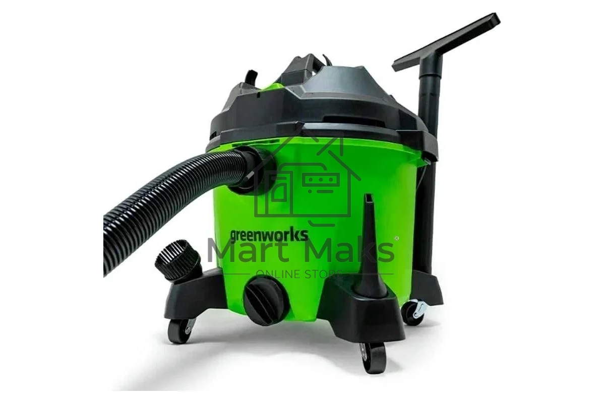 Строительный пылесос GreenWorks G120WDV (4701207) зеленый, 1300 Вт, уборка сухая/влажная, пылесборник контейнер, 34 л