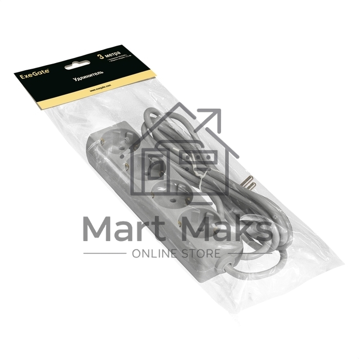 Удлинитель ExeGate ECE-4-3G (EX285814RUS), серый, 3 м, евровилка с заземлением, 4 евророзетки с заземлением, 2200 Вт