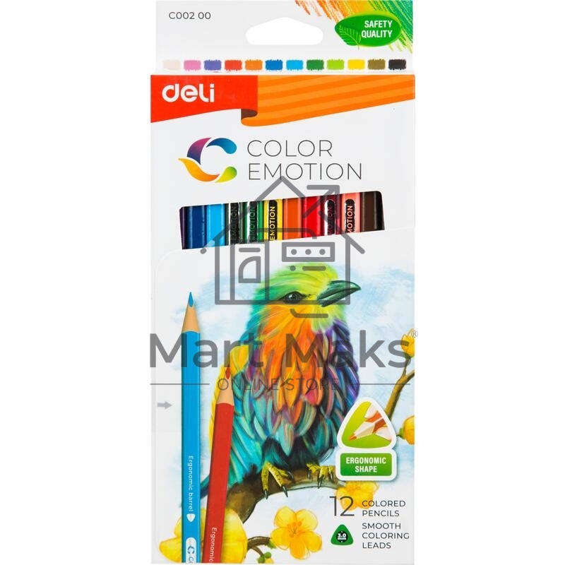 Карандаши цветные Deli EC00200 Color Emotion, трехгранный профиль, липа, 12 цветов, коробка с европодвесом (12шт)