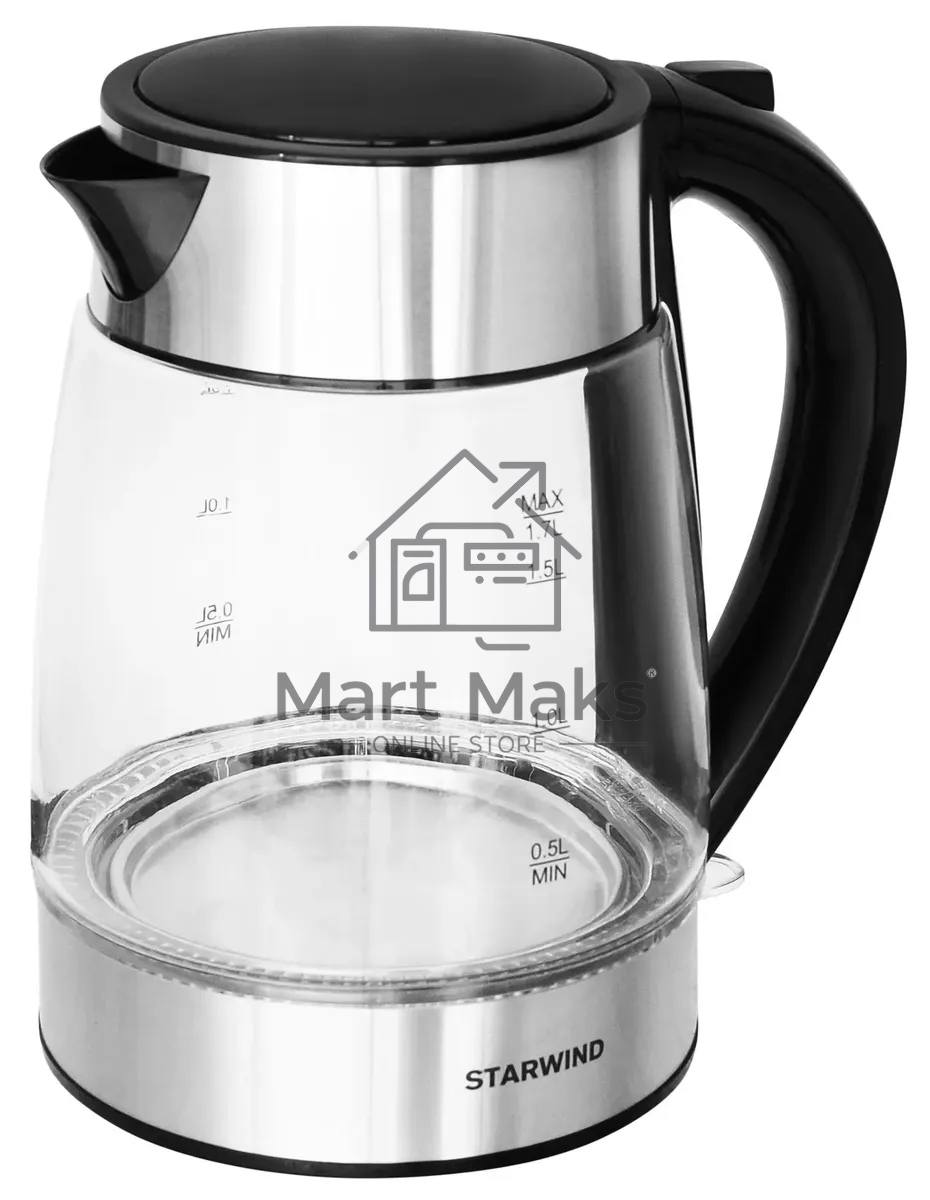 Чайник электрический Starwind SKG3026 1.7л. 2200Вт черный/серебристый (корпус: стекло)