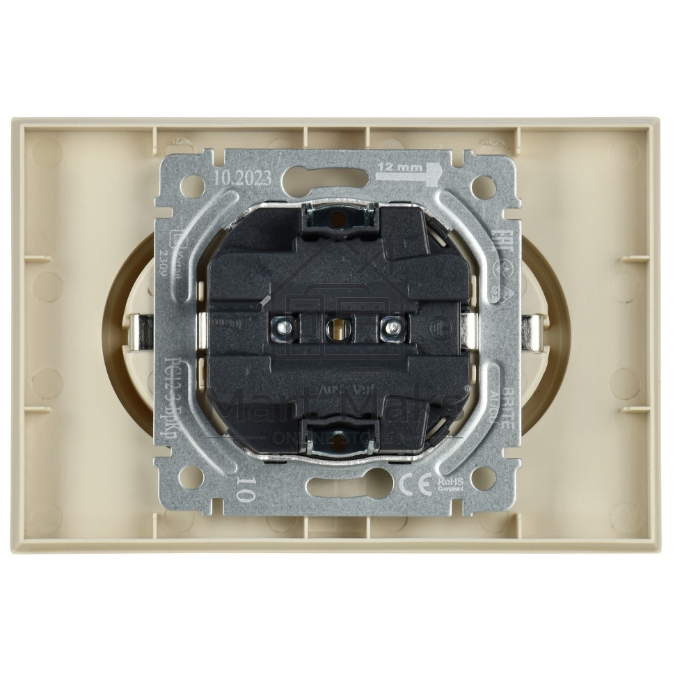 Розетка 2-местная IEK BRITE РС12-3-БрКр (BR-R21-16-K10-F) с заземлением, без защитных шторок, 16А в сборе, бежевый