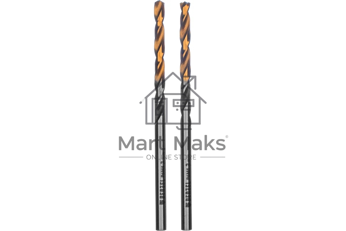 Сверло спиральное по металлу Denzel 3 x 61мм, Р6М5, Golden Tip, многогранная заточка, 2 шт.
