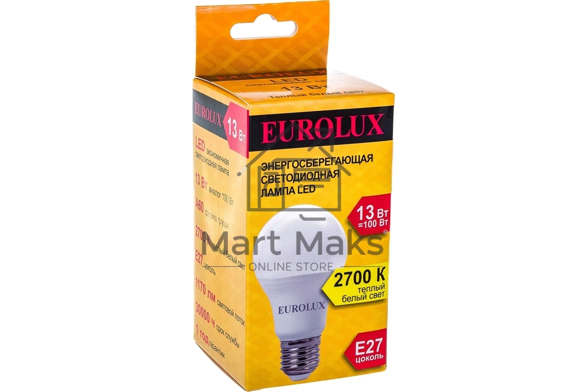 Лампа светодиодная EUROLUX LL-E-A60-13W-230-2,7K-E27