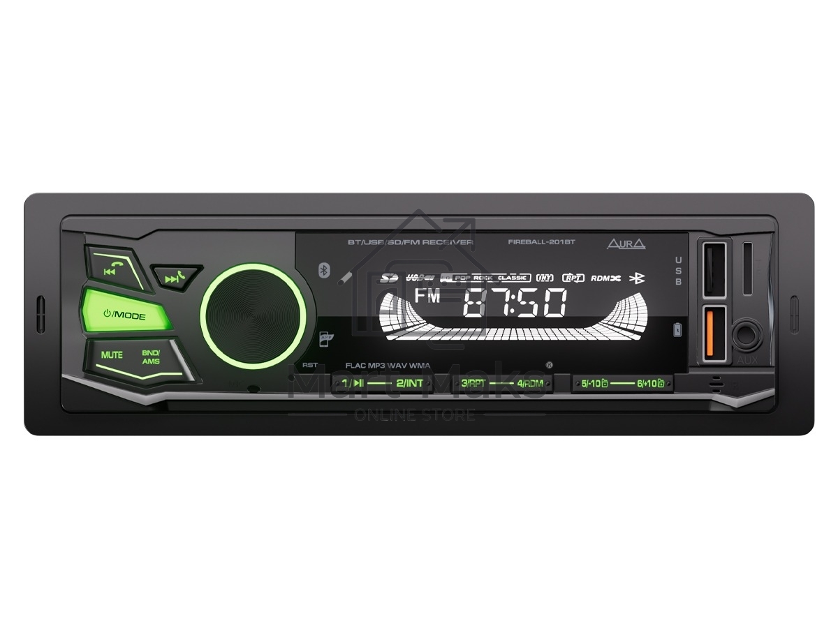 Автомагнитола AURA FIREBALL-201BT, 1 DIN, Bluetooth, USB Type-A, AUX