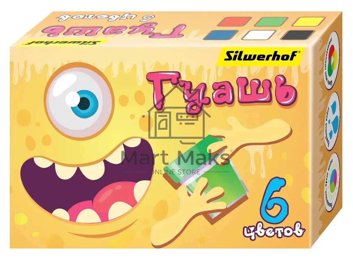 Гуашь Silwerhof Монстрики, 6 цветов, баночка, 20мл, картонная коробка