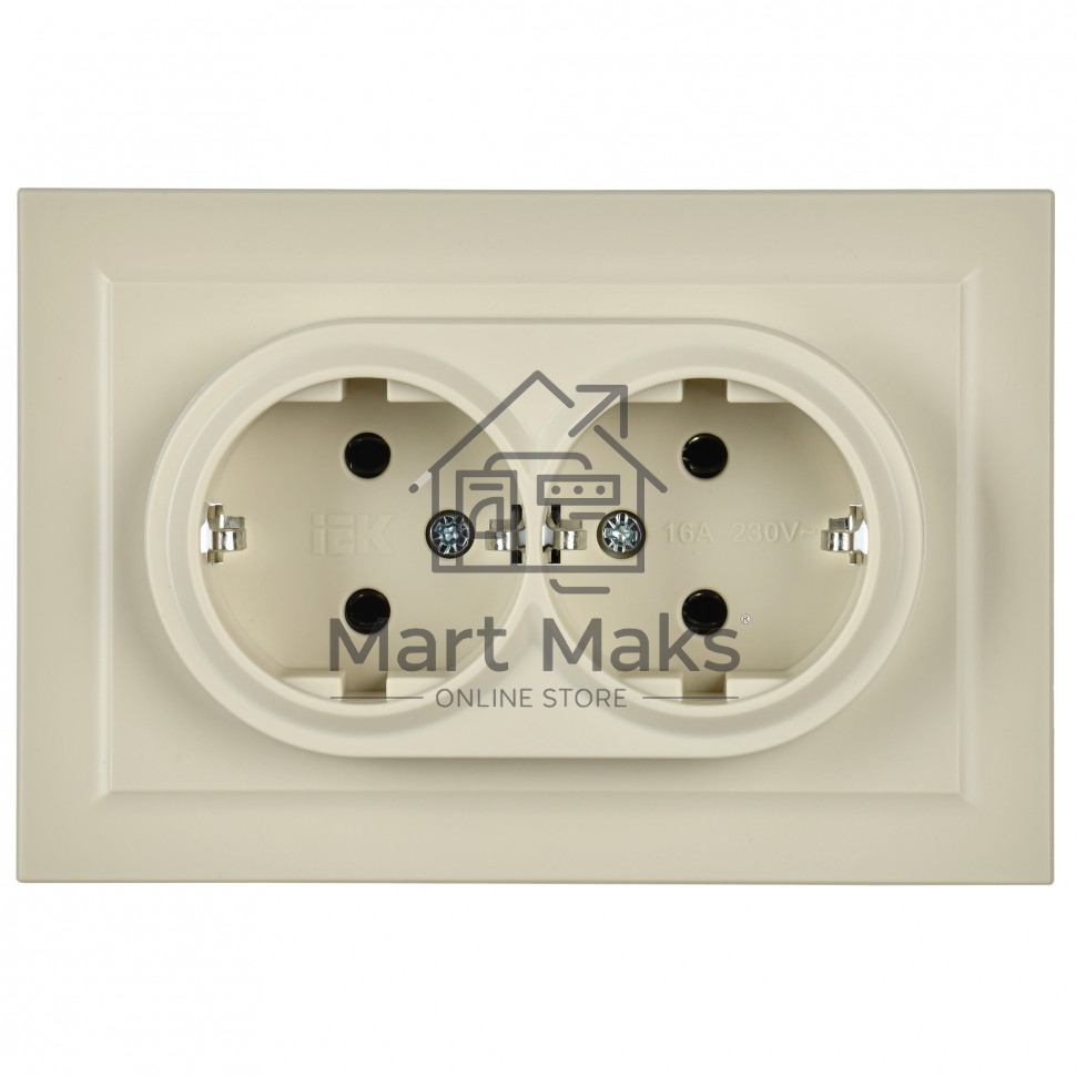 Розетка 2-местная IEK BRITE РС12-3-БрКр (BR-R21-16-K10-F) с заземлением, без защитных шторок, 16А в сборе, бежевый