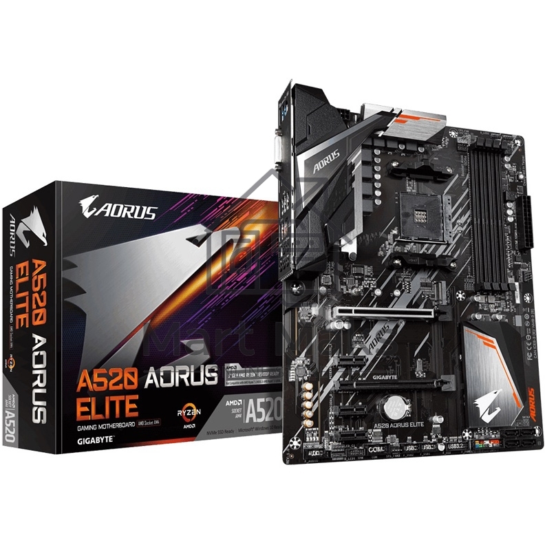 Материнская плата Gigabyte A520 AORUS ELITE, AM4, AMD A520, 4xDDR4, 4xSATA, 1xM.2, 1xPCI-E 3.0 x16, 1xHDMI, 1xDVI-D, 1x 1Gb LAN, 2xUSB 2.0, 4xUSB 3.2 Gen 1, 3x3.5 мм, 7.1, Micro-ATX