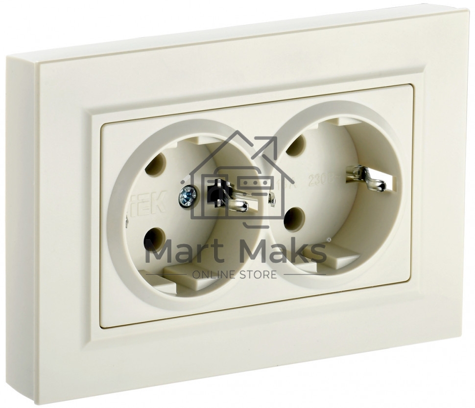 Розетка 2-местная IEK BRITE РС12-3-БрКр (BR-R21-16-K10-F) с заземлением, без защитных шторок, 16А в сборе, бежевый