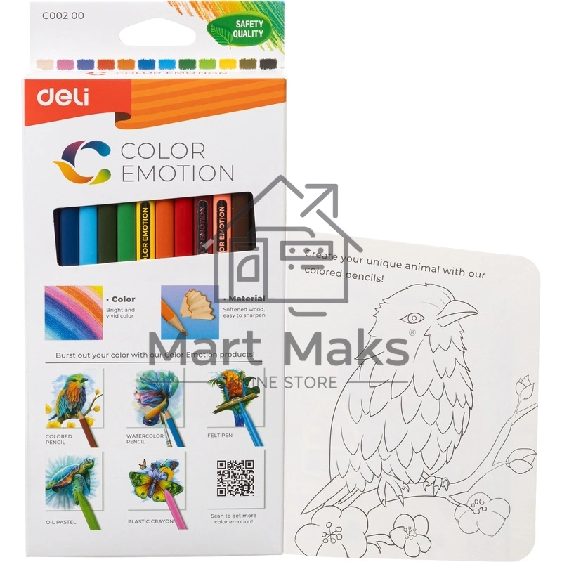 Карандаши цветные Deli EC00200 Color Emotion, трехгранный профиль, липа, 12 цветов, коробка с европодвесом (12шт)