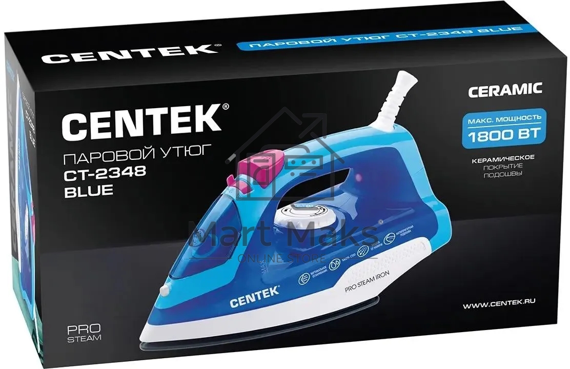 Утюг Centek CT-2348 синий/белый, 1600 Вт, 20 г/мин, 80 г/мин, 200 мл