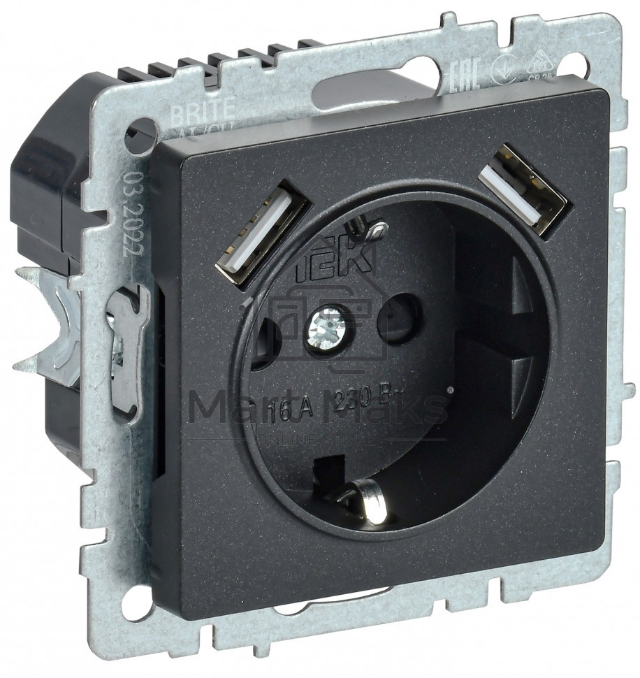 Розетка 1-местная IEK BRITE РЮш10-2-БрЧ (BR-R14-16-U21-D31-K02) с заземлением, с защитными шторками, 16А, с USB A+A 5В 3,1А, черный