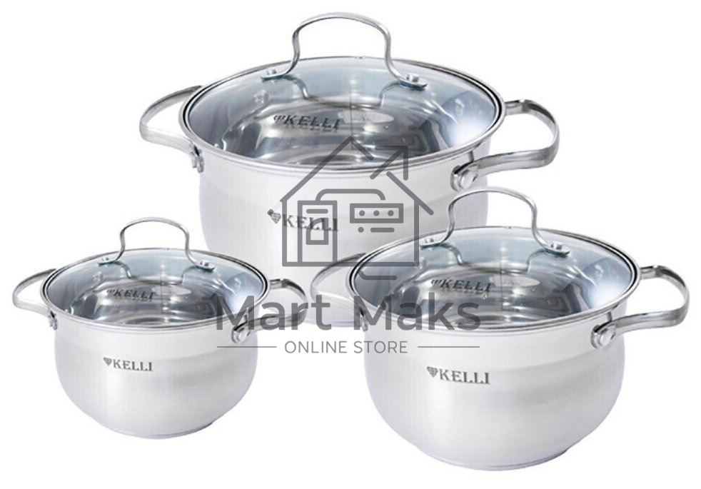 Набор посуды Kelli KL-4209 6 пред. Кастрюля с жаропрочной стекл. крышкой 2.1 л. Кастрюля с жаропрочной стекл. крышкой 3 л. Кастрюля с жаропрочной стекл. крышкой 4 л. Высококачественная нерж. сталь 18/10. 5-ти слойное капсульное дно.