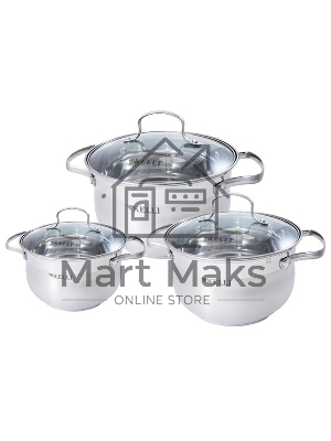 Набор посуды KELLI KL-4209 6 пред. Кастрюля с жаропрочной стекл. крышкой 2.1 л. Кастрюля с жаропрочной стекл. крышкой 3 л. Кастрюля с жаропрочной стекл. крышкой 4 л. Высококачественная нерж. сталь 18/10. 5-ти слойное капсульное дно.