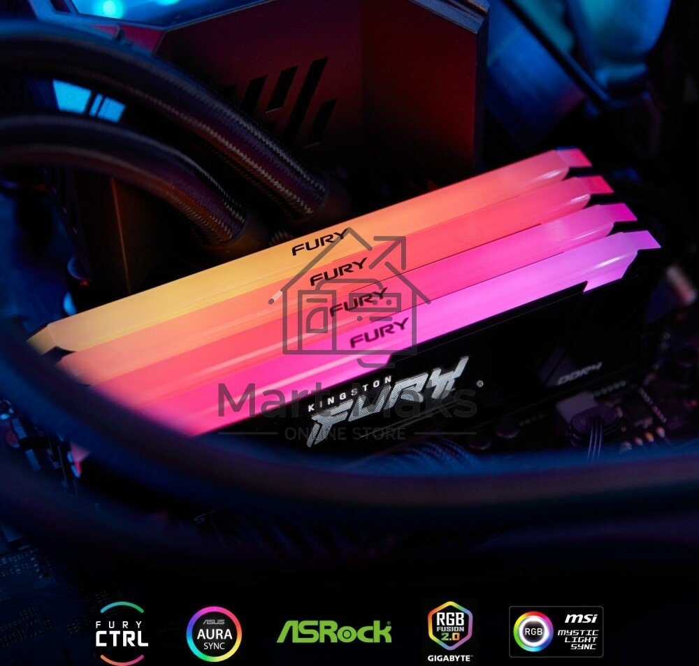 Оперативная память Kingston Fury Beast, DDR4, 128GB (4x32GB), 3600MHz, CL18, DIMM, RGB, радиатор, черный