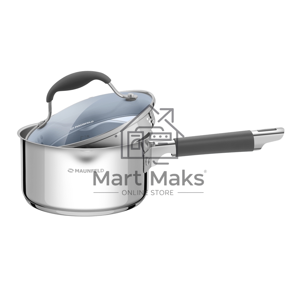 Ковш Maunfeld LAURA МSP16S08GR из нержавеющей стали со стеклянной крышкой, 16 см, 1,6 л.