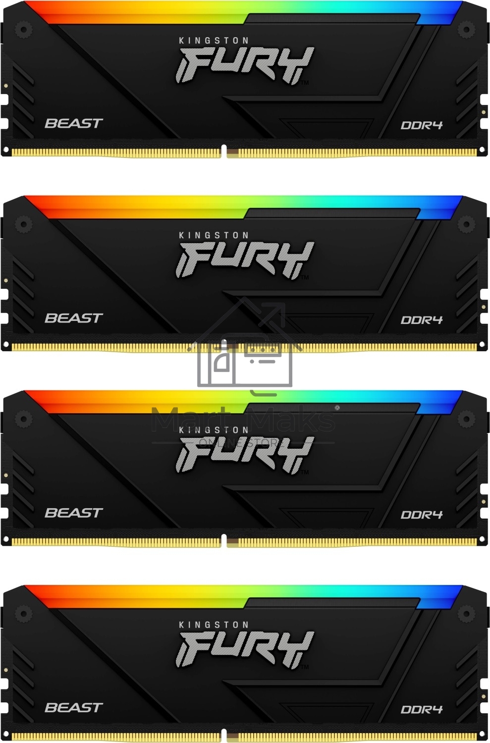 Оперативная память Kingston Fury Beast, DDR4, 128GB (4x32GB), 3600MHz, CL18, DIMM, RGB, радиатор, черный