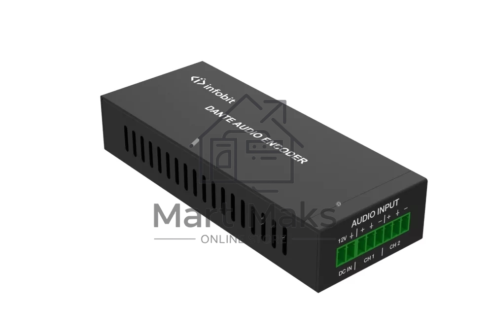Конвертер Infobit iTrans DP-T-22 аналоговый аудио энкодер (Tx) с PoE: 1xRJ45(Dante); 6-pin phoenix (2 канала IN). DC вход:12В. ПО Dante Controller (платная лицензия)