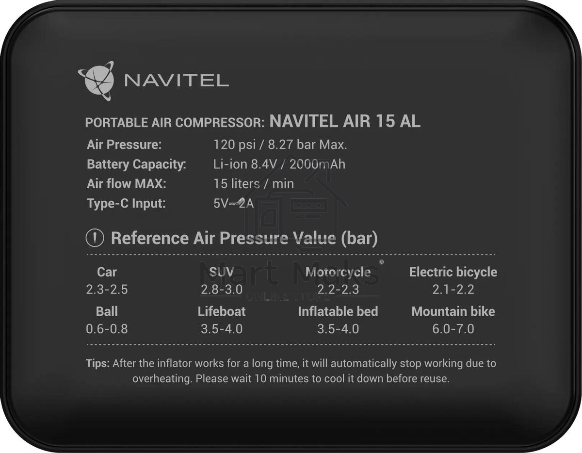 Автомобильный компрессор Navitel AIR 15 AL 15л/мин шланг 0.260м